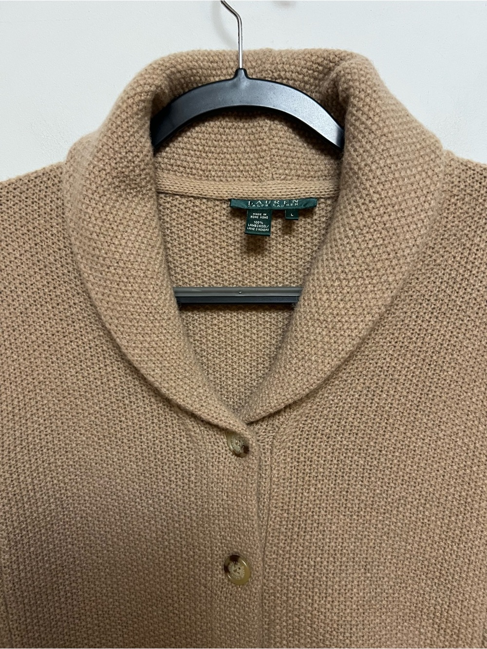 Lauren Ralph Lauren 100% Lambswool Shawl Collar Cardigan Sweater L Camel - Picture 3 of 11